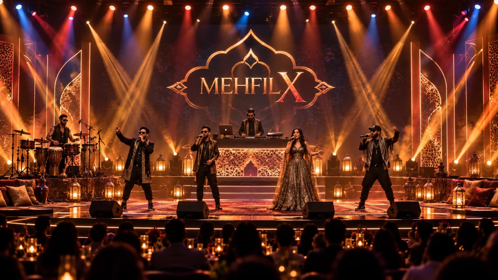 Mehfil X live: singers and a DJ on a lantern-lit stage