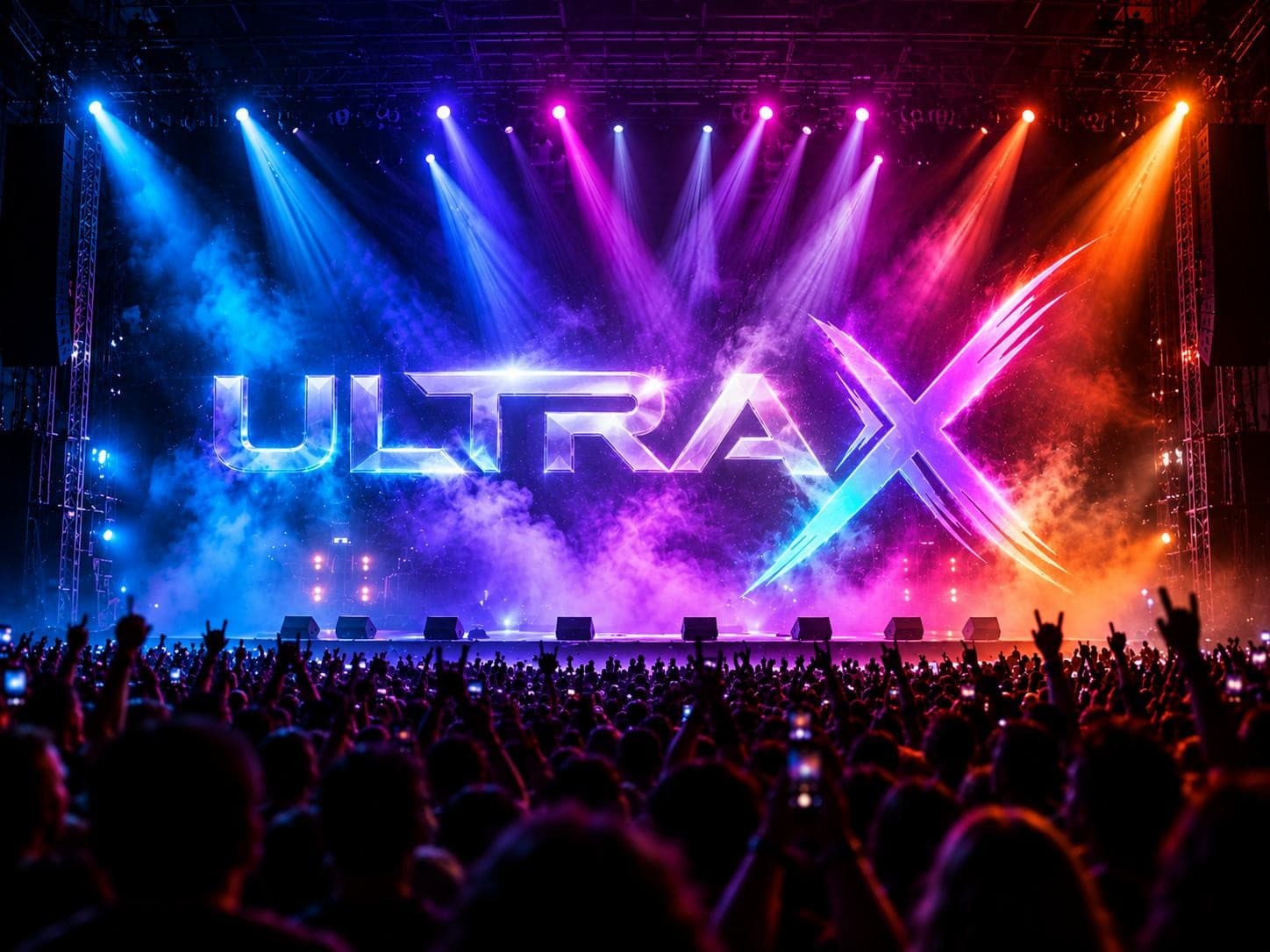 An Ultra X arena stage, the wordmark lit across the back wall, crowd hands raised
