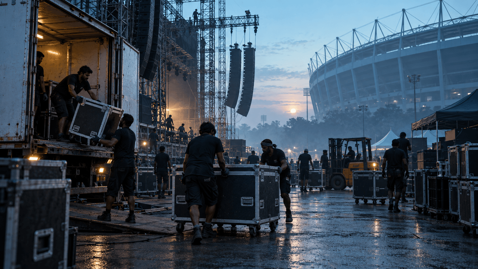 Tour crew loading a stage at dawn